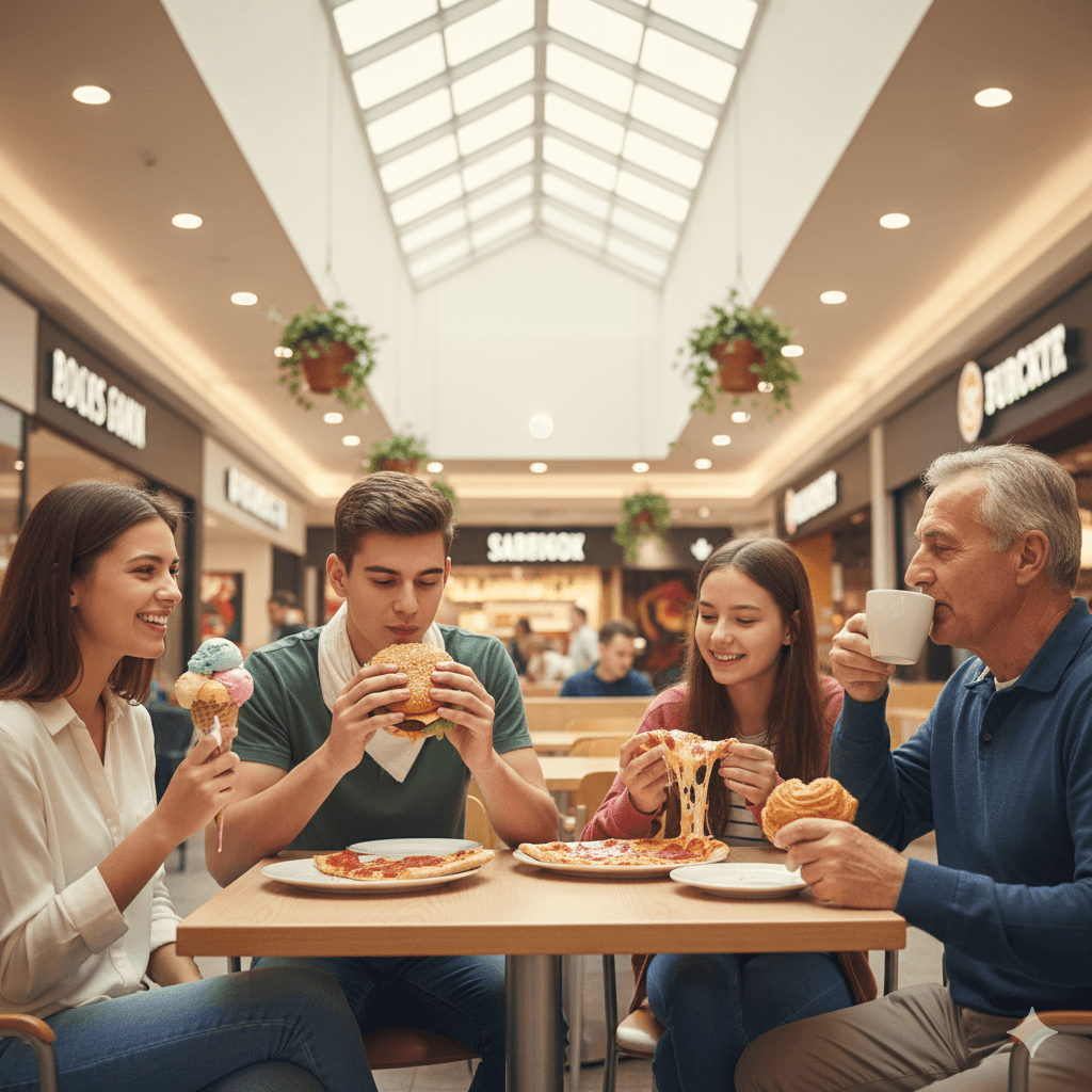 Família feliz em uma praça de alimentação